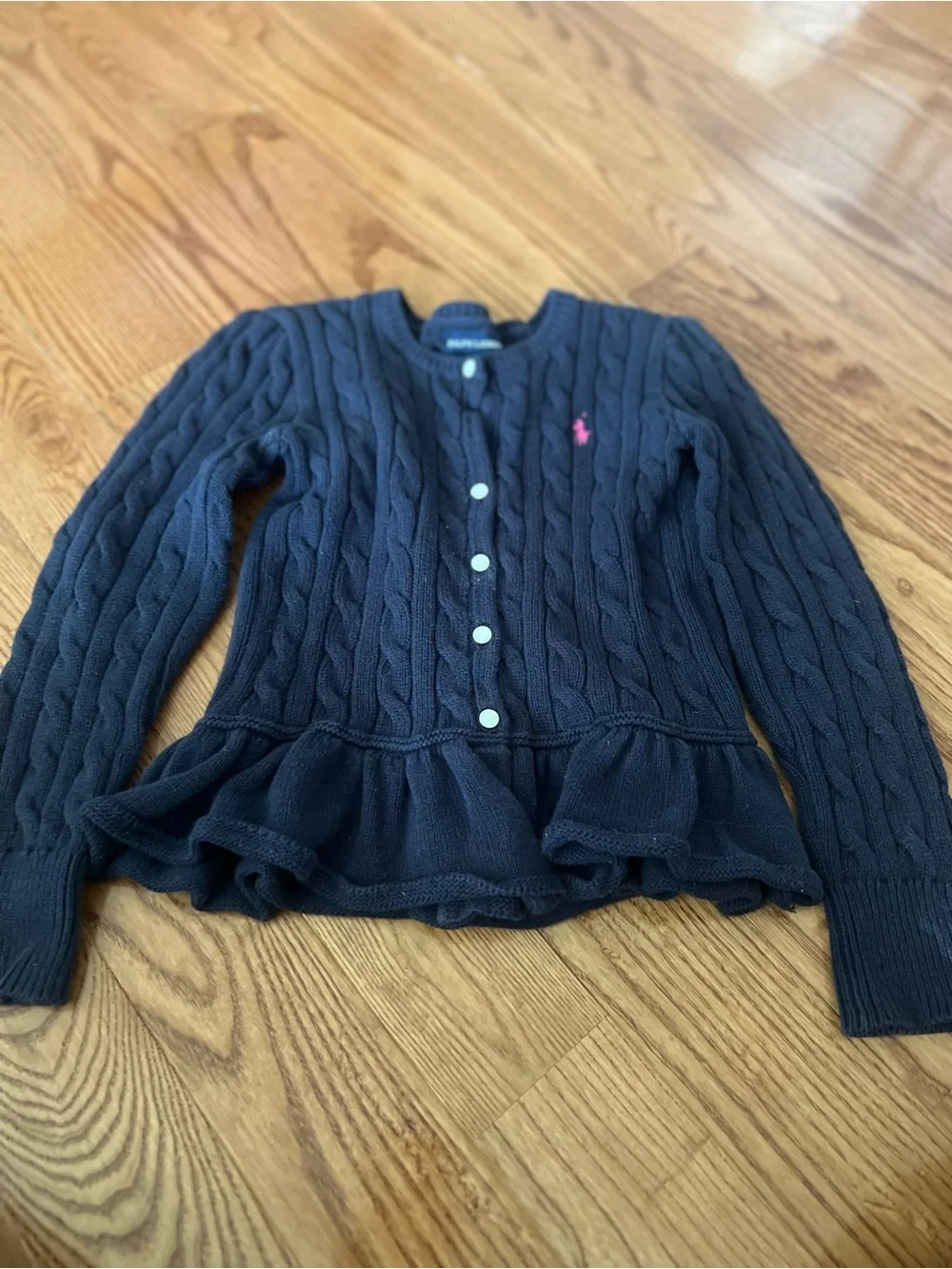 Girl’s Ralph Lauren Navy Cable-Knit Cardigan with Pink Pony Logo Size 6X